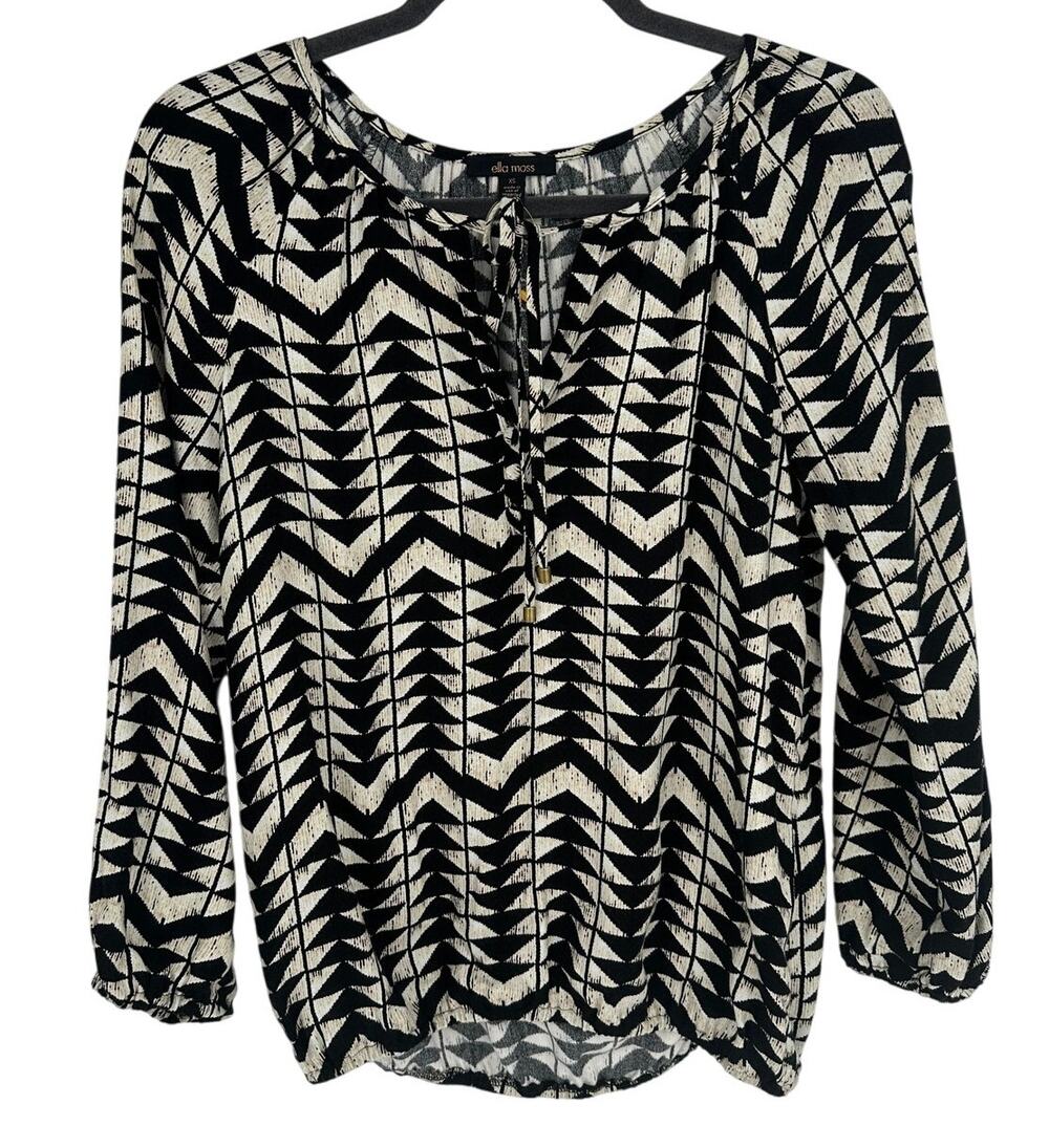 Ella Moss Black White Geometric Print Blouse‎ Long Sleeve V-Neck Straps Rayon XS